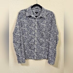 Talbots Shirt Womens 14 Wrinkle Resistant Button Up Long Sleeve Paisley Blue Top